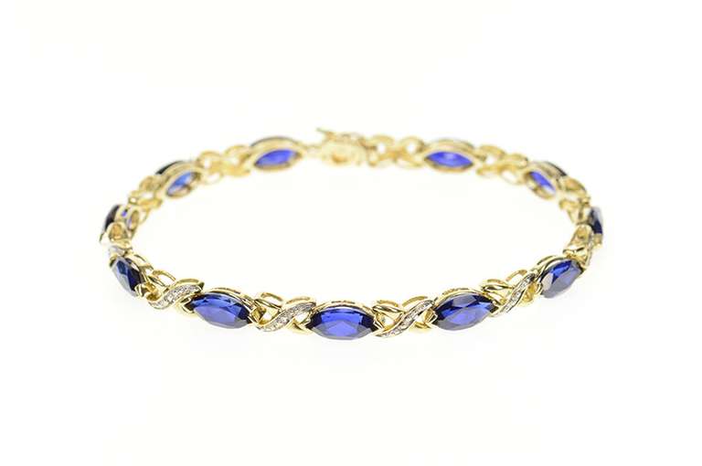 10K Yellow Gold Marquise Syn. Sapphire Diamond Tennis Bracelet