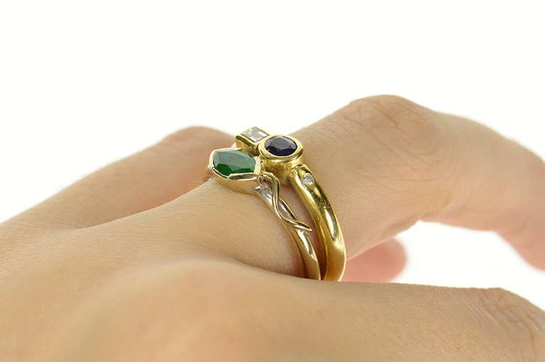14K Yellow Gold 1.19 Ctw Emerald Sapphire Diamond Statement Ring