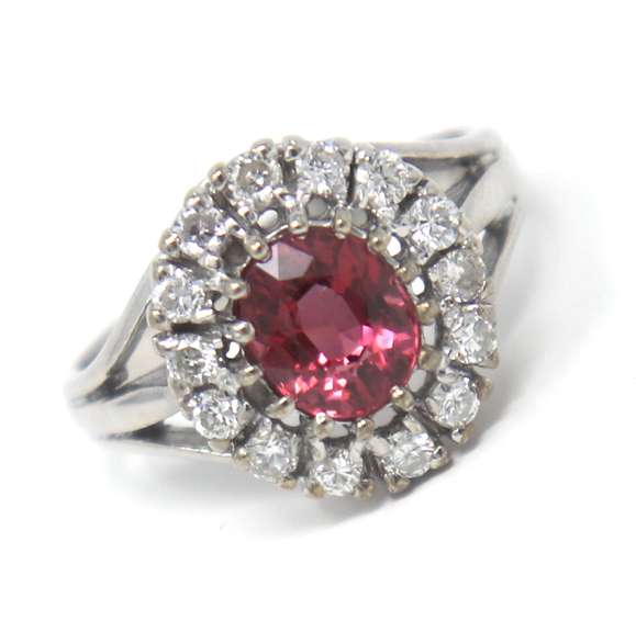 Tasteful White Gold Salmon Spinel & Diamond Halo Ring