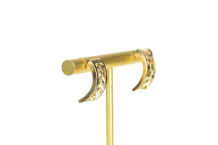 14K Yellow Gold Squared Black Enamel Leaf Vine Semi Hoop Earrings