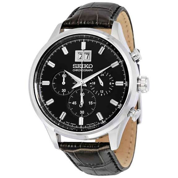Seiko Chronograph Black Dial Black Leather Men's Watch