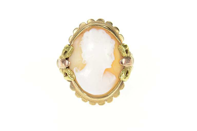 10K Yellow Gold Victorian Carved Shell Cameo Lady Bow Accent Ring