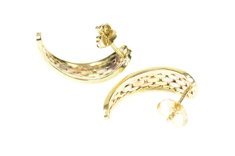 10K Yellow Gold Tri Tone Curved Bar Pattern Semi Hoop Earrings