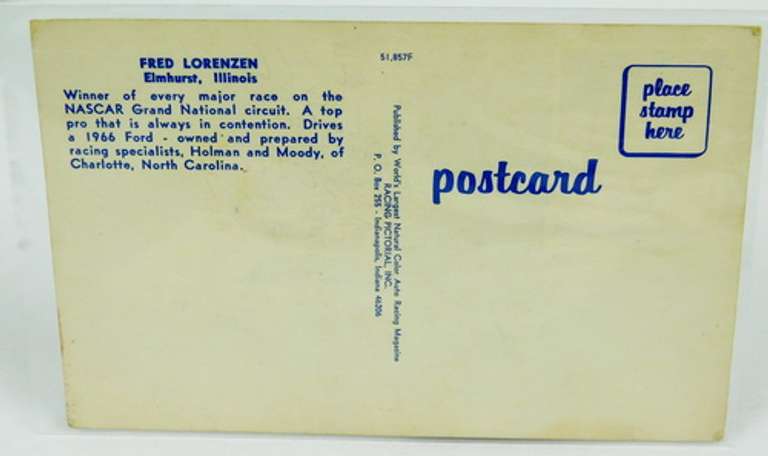 Fred Lorenzen Signed Nascar Post Card