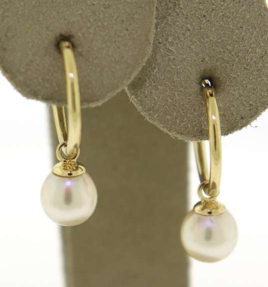 Elegant 14kt Yellow Gold Pearl Dangle Hoop Earrings