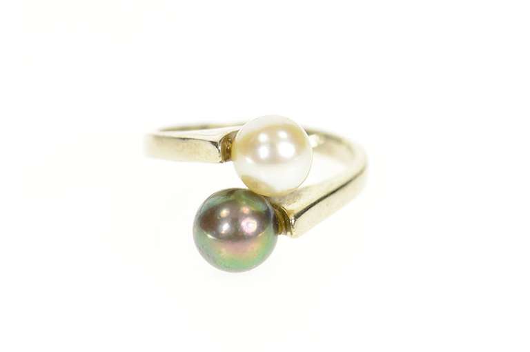 14K White Gold White & Tahitian Pearl Retro Ornate Bypass Ring