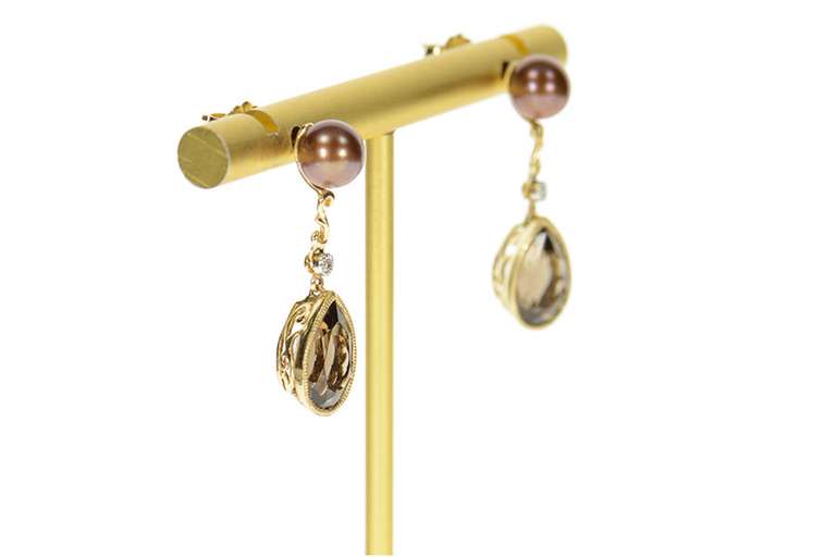 14K Yellow Gold Ornate Pear Smoky Quartz Drop Brown Pearl Earrings