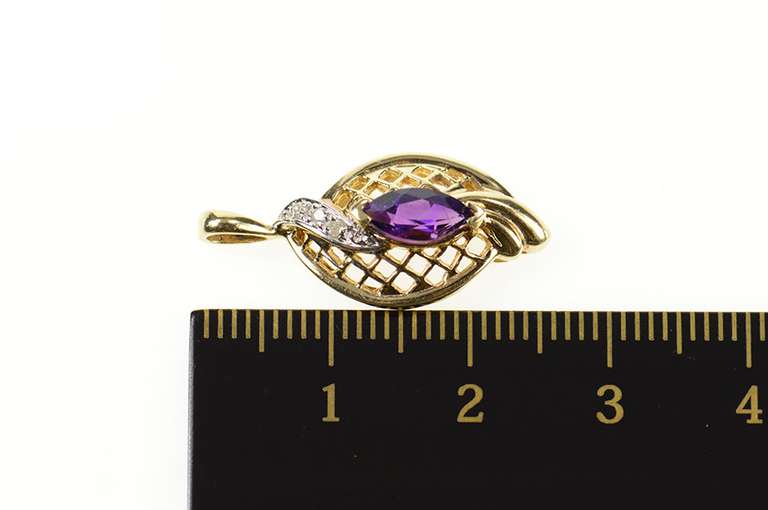 10K Yellow Gold Marquise Amethyst Diamond Lattice Filigree Pendant
