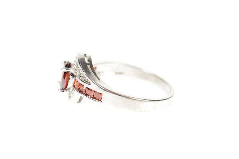 10K White Gold Oval Garnet Bypass CZ Accent Statement Ring