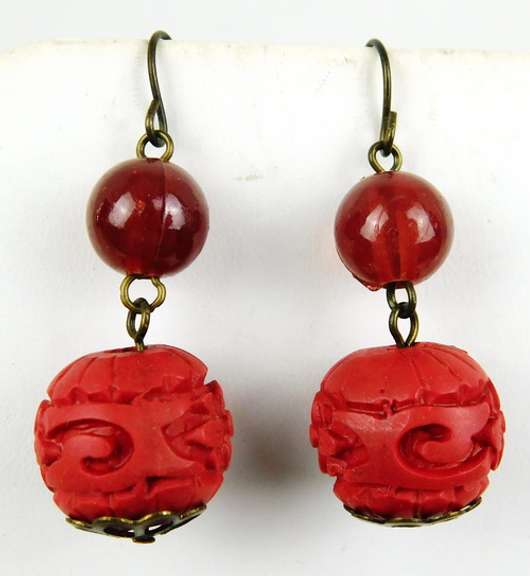Carved Cinnabar Pierced Earrings