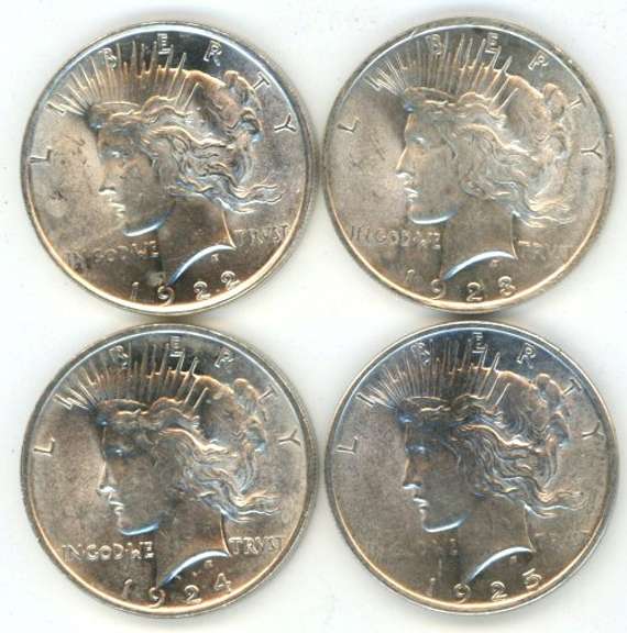 4 Flashy-white Choice BU 1922-1925 Peace Silver Dollars