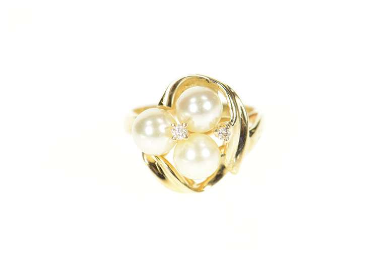 14K Yellow Gold Pearl Cluster Diamond Statement Cocktail Ring