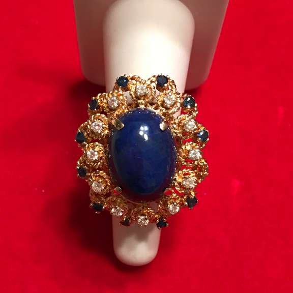 LADIES 18K DIAMOND , SAPPHIRE AND BLUE LAPIS RING / BROOCH