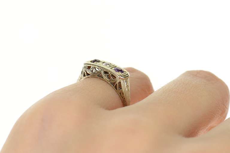 14K White Gold Art Deco Ornate Filigree Diamond Amethyst Ring