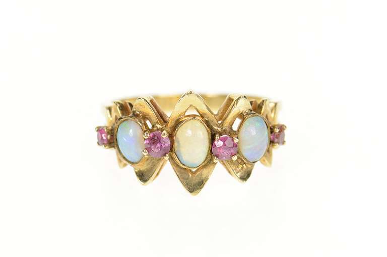 14K Yellow Gold Victorian Natural Opal Ruby Statement Ring