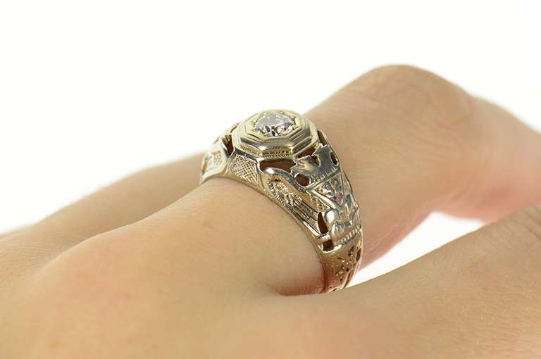 18K White Gold 0.36 Ct Diamond Ornate Men's Masonic Ring