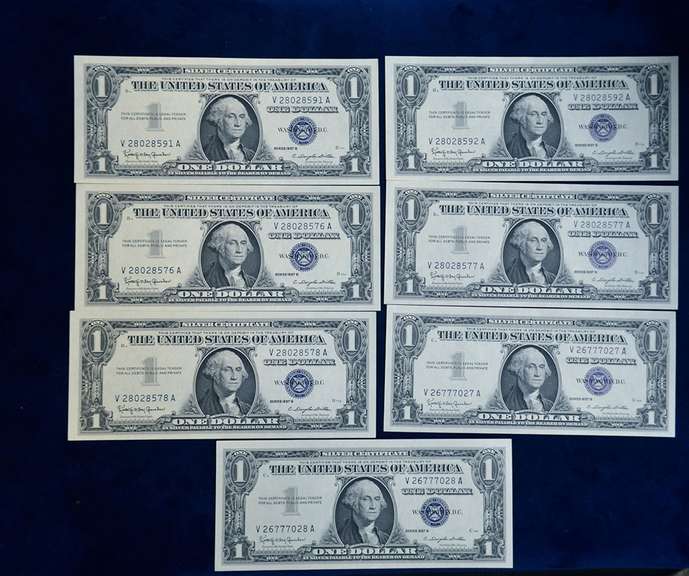 Lot OF 7 UNC 1 Dollar Silver Certs