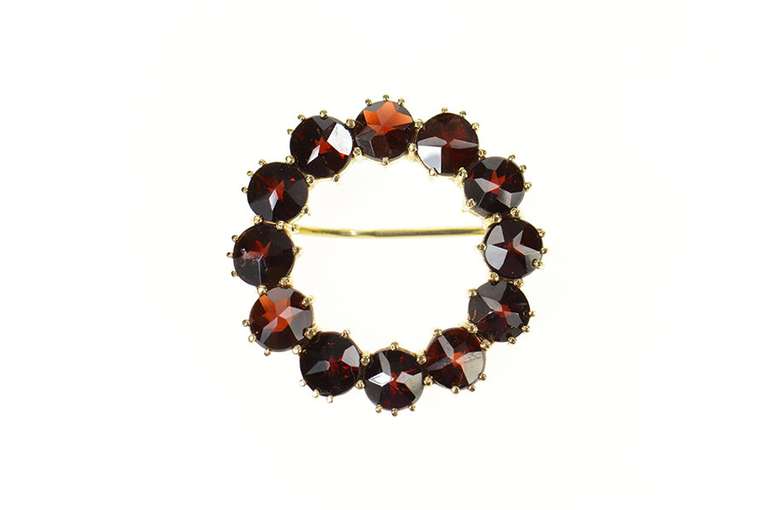 10K Yellow Gold Retro Round Garnet Classic Circle Pin/Brooch