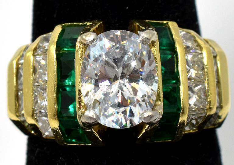 Powerful CZ, Diamond, & Emerald Ring in 18KT Yellow Gold