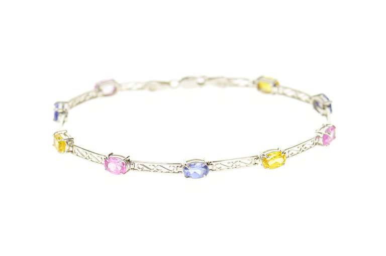 10K White Gold Scroll Filigree Bar Oval Syn. Sapphire Bracelet