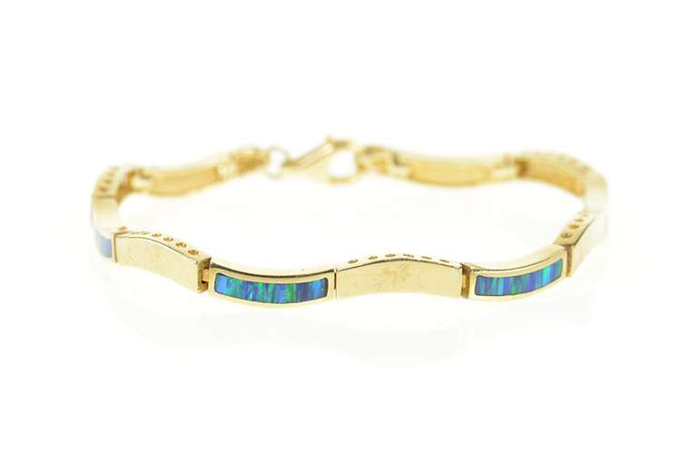 14K Yellow Gold Wavy Black Opal Inlay Curvy Statement Bracelet