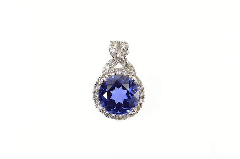 14K White Gold Ornate Round Syn. Sapphire Halo Statement Pendant
