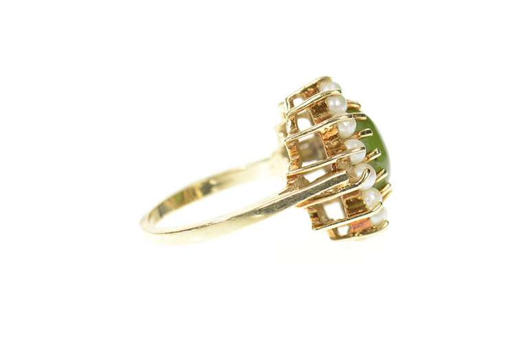 10K Yellow Gold Ornate Nephrite Jade Pearl Halo Cocktail Ring