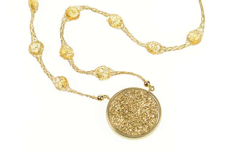 14K Yellow Gold Druzy Quartz Citrine Mesh Chain Statement Necklace