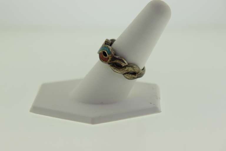 Vintage Sterling Silver Wave Design Inlay Enamel Ring
