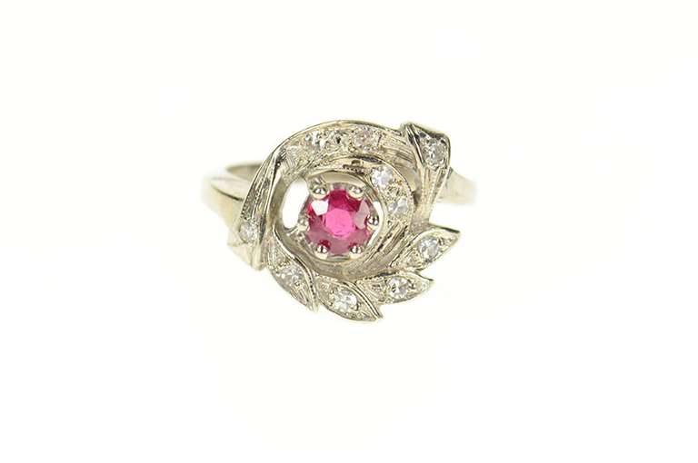 14K White Gold 1950's Ornate Syn. Ruby Diamond Leaf Swirl Ring
