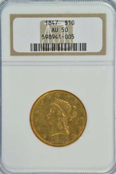 Near Mint 1847 No Motto $10 Liberty Gold. NGC AU50
