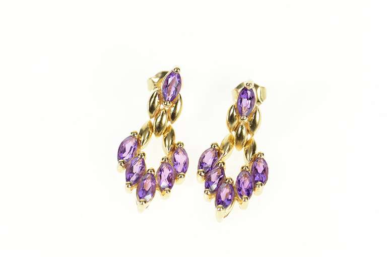 14K Yellow Gold Marquise Amethyst Chevron Dangle Statement Earrings