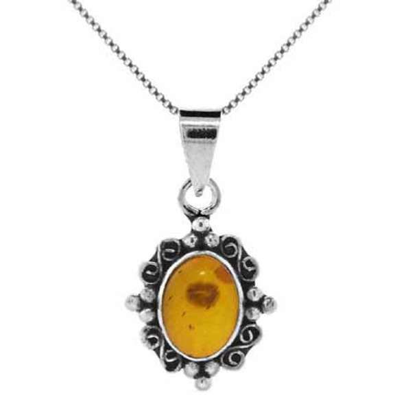 Sterling Silver Oval Amber Filigree Design Pendant