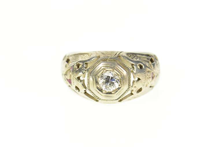 18K White Gold 0.36 Ct Diamond Ornate Men's Masonic Ring
