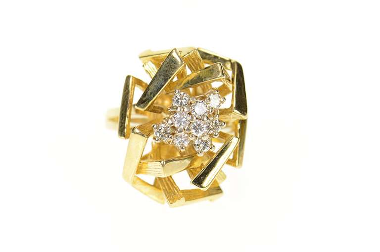 18K Yellow Gold 0.27 Ctw Retro Geometric Diamond Cluster Ring