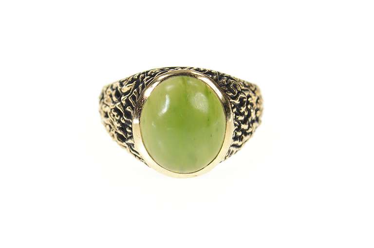 10K Yellow Gold 1960's Men's Nephrite Jade Textured Bark Ring