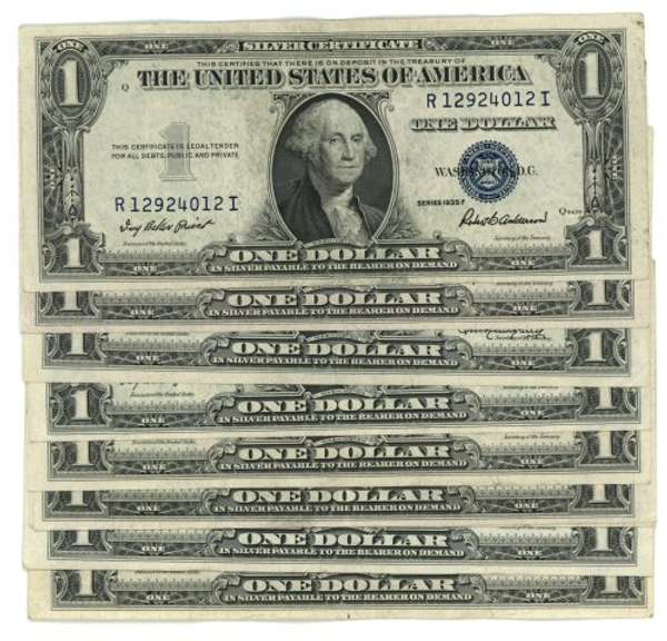9 Series of 1935 Small Size $1 Silver Certificate notes