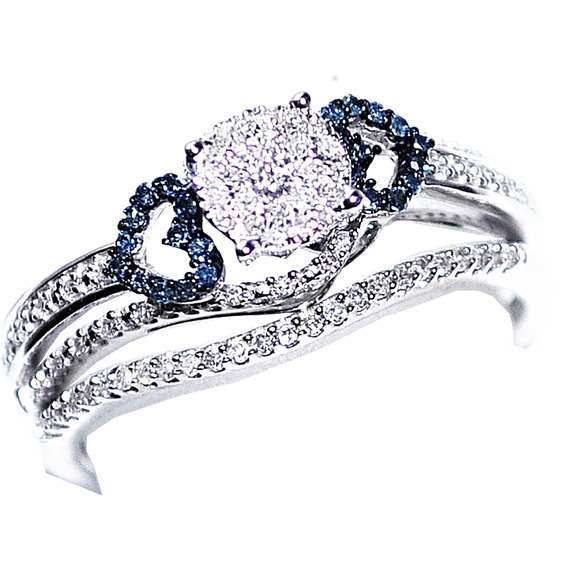 Blue Diamond Bridal Set With Hearts 10K White Gold Diamonds 2pc Set (1/3 cttw, i2/i3 Clarity)