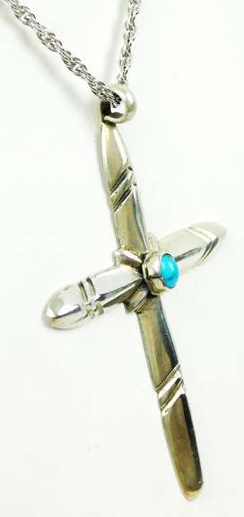 Signed Native American Large Sterling Turquoise Cross & Chain
