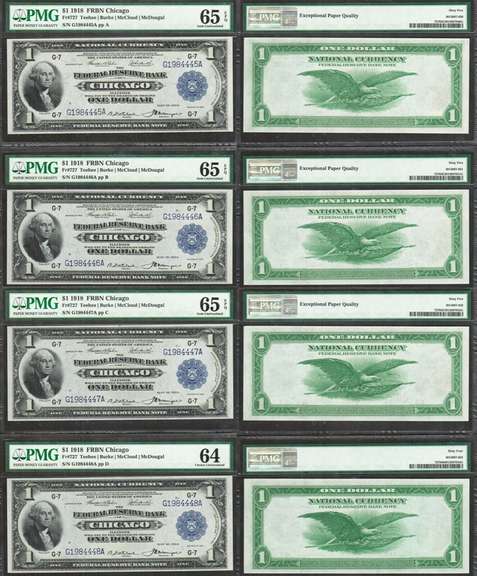 $1 1918 FRBN Chicago Fr. 727=Heraldic Eagle CUT SHEET=4 notes=PMG Gem Unc 65 EPQ