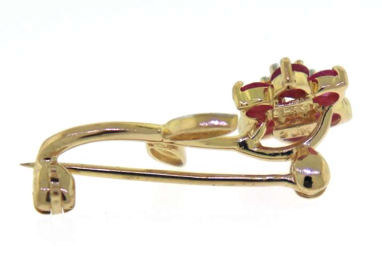 Gorgeous Yellow Gold Ruby and Diamond Flower Pin
