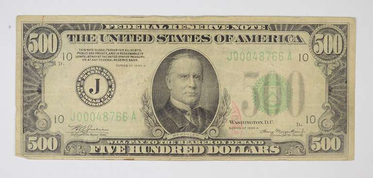 1934-A $500 Kansas City, Missouri Federal Reserve Note Pinhole & Issue