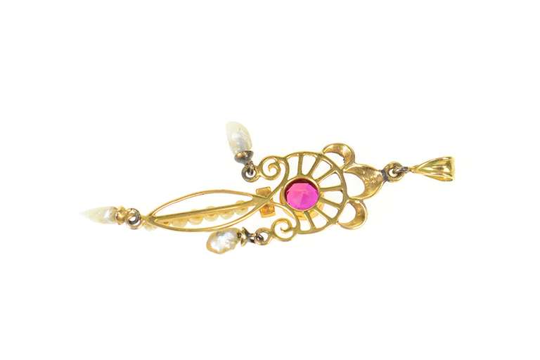 10K Yellow Gold Victorian Seed Pearl Syn. Ruby Ornate Drop Pendant