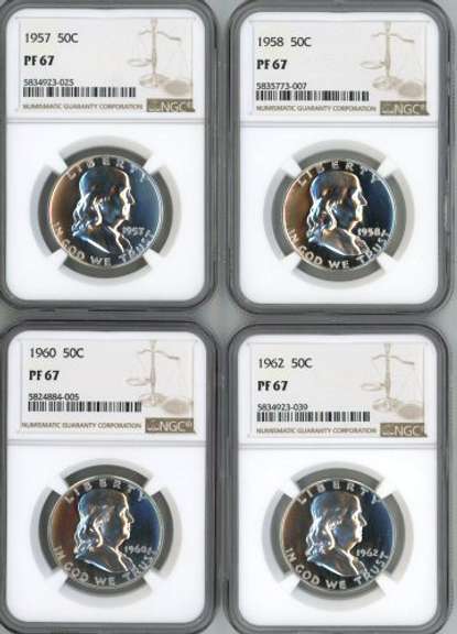 4 Diff. NGC PF67 Franklin Halves: 1957, 58, 60, & 62