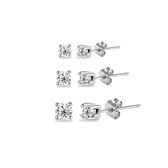 3 Pair Set Round Cubic Zirconia Stud Earrings in 925 Silver, 2mm 3mm 4mm