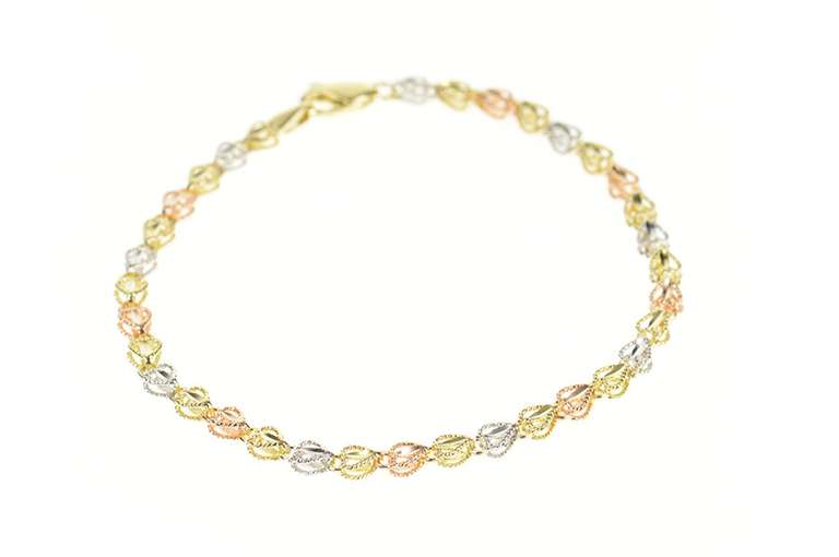 10K Yellow Gold Tri Tone Diamond Cut Heart Link Bracelet