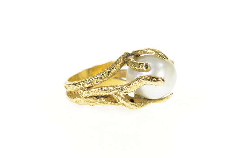 18K Yellow Gold Textured Tree Branch Retro Cocktail Ring