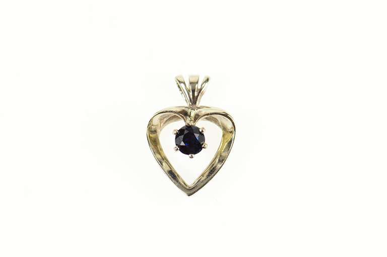 14K White Gold Round Sapphire Inset Classic Heart Symbol Pendant