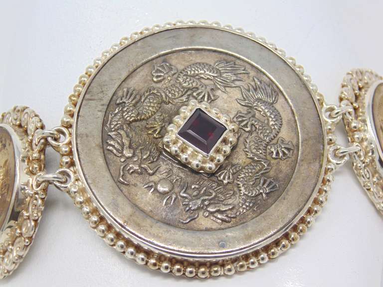 Sterling Silver Signed Sajen Coin & Stone Bracelet