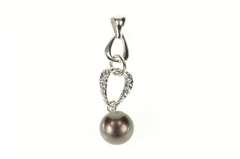 14K White Gold 8.9mm Brown Pearl Hammered Chain Drop Pendant